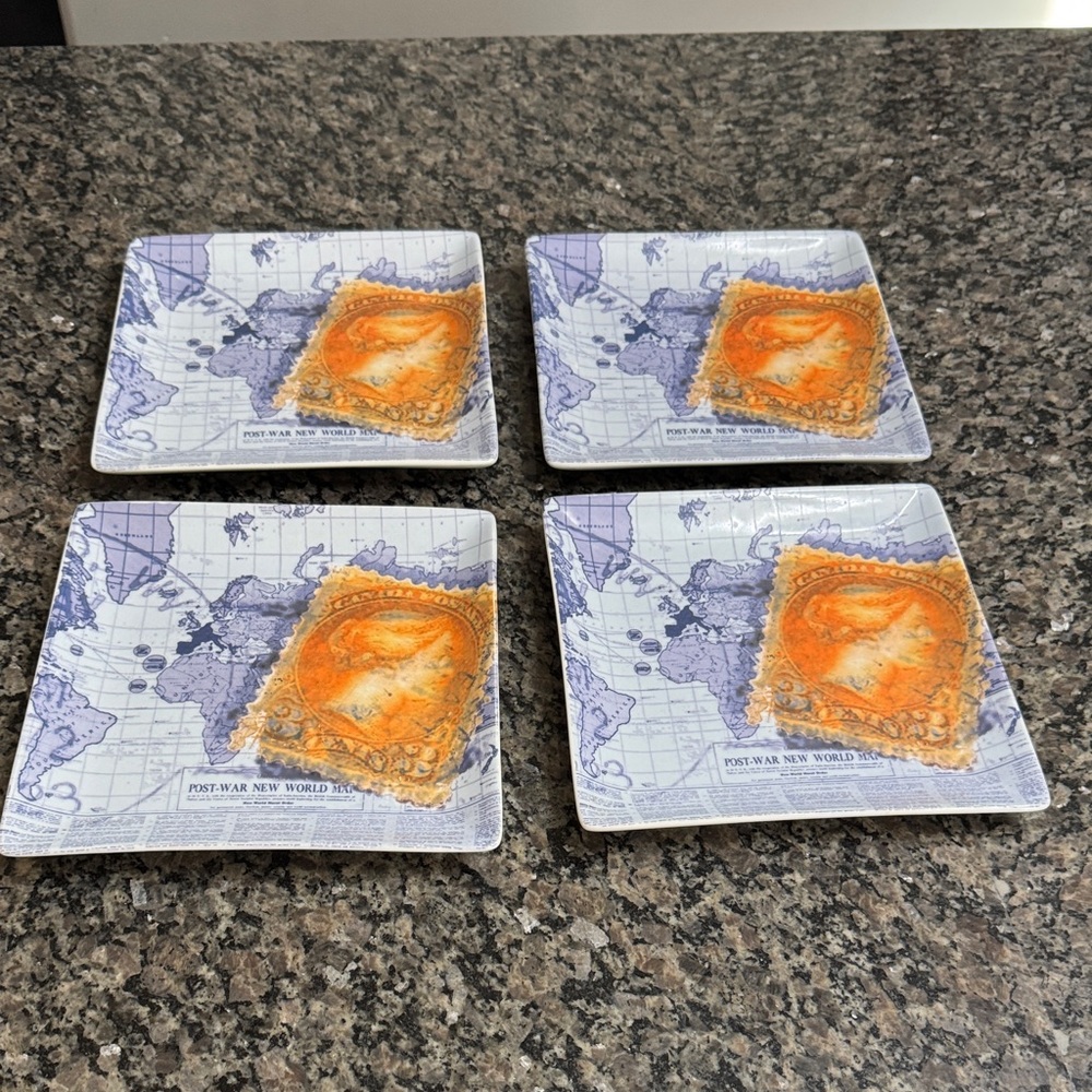 M Studio post war new world geographical White Ceramic square plates set 4 EUC